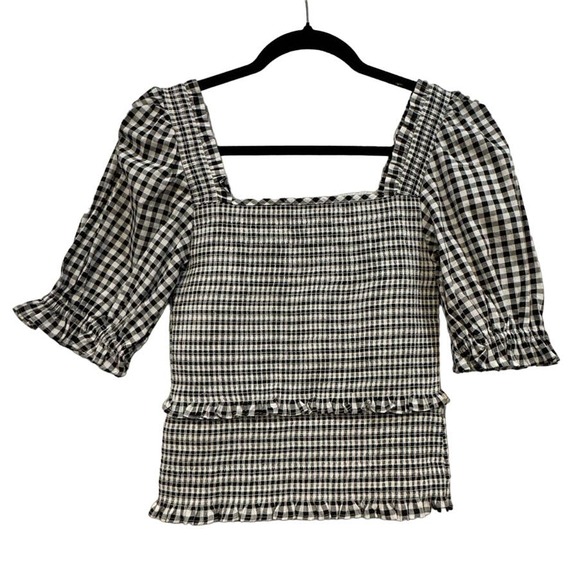 NWT CECE $69 Smocked Boho Gingham Square Neck Top Size S - Picture 3 of 6